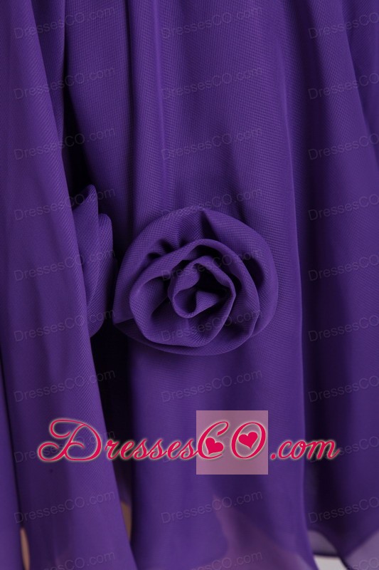 Purple Empire V-neck Mini-length Chiffon Hand Madeflowers Prom Dress