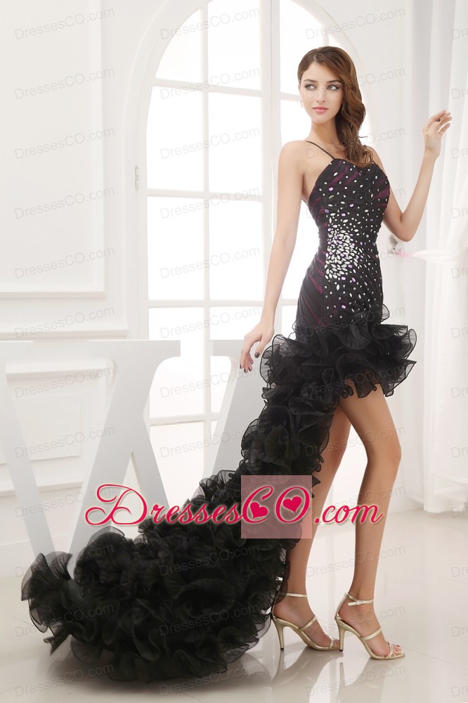 Beading and Ruffles Black High-low Column Prom Dress