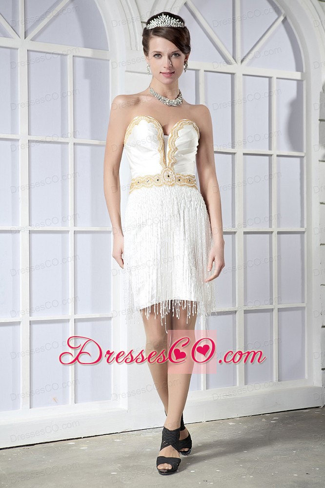 White Column Mini-length Satin Beading Prom Dress