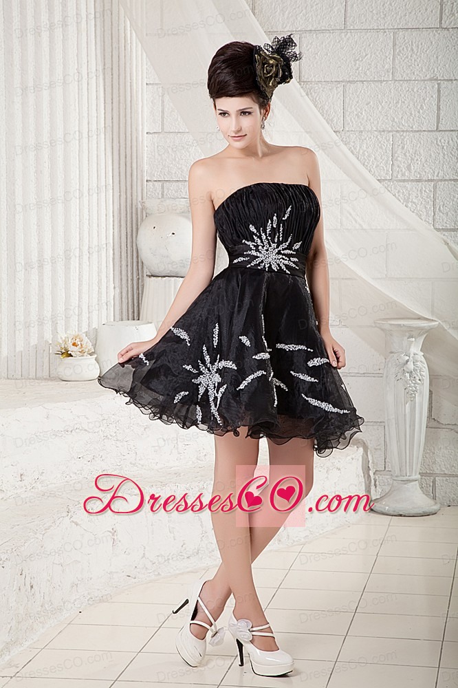 Cheap Black A-line Strapless Cocktail Dress Organza Beading Mini-length