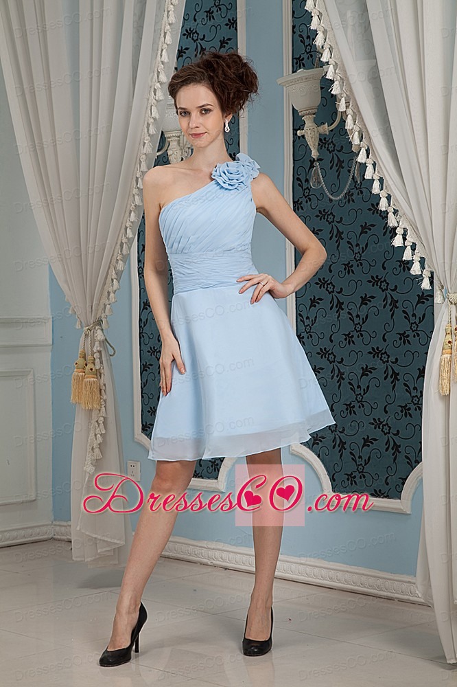 Baby Blue Prom Dress Under 100 A-line / Princess One Shoulder Chiffon Hand Made Flowers