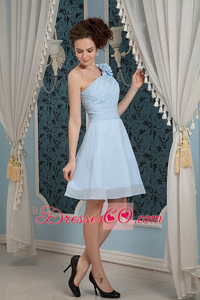 Baby Blue Prom Dress Under 100 A-line / Princess One Shoulder Chiffon Hand Made Flowers