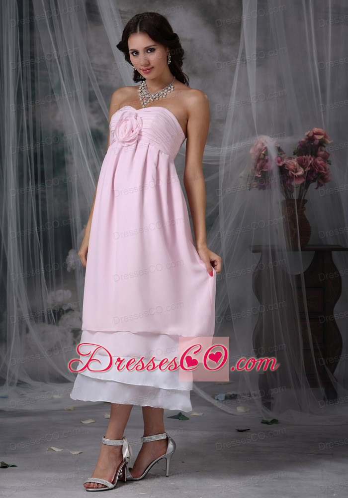 Pink Empire Tea-length Chiffon Hand Made Flower Prom Dress