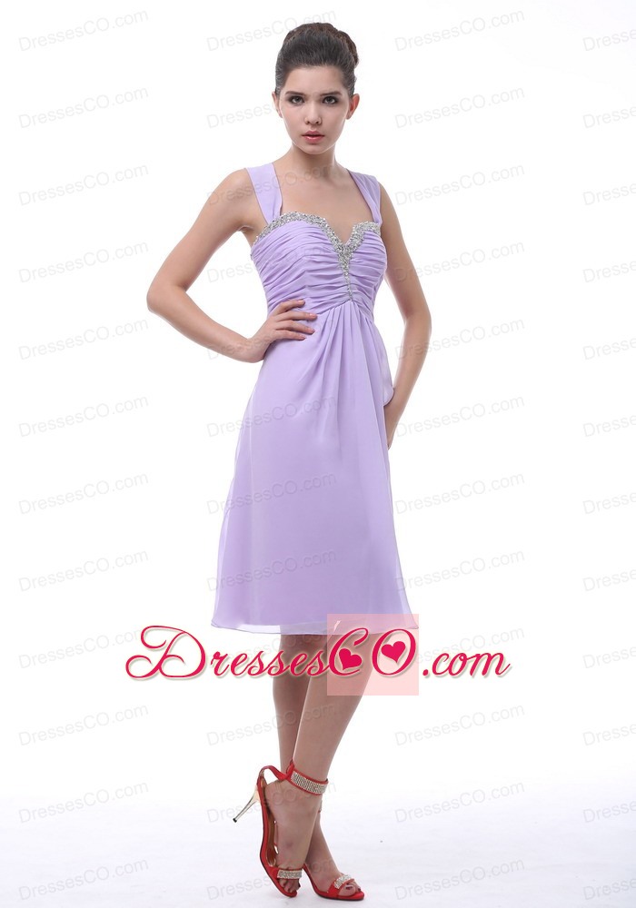 Lavender Straps Prom Dress With Beaded And Ruching Decorate Knee-length