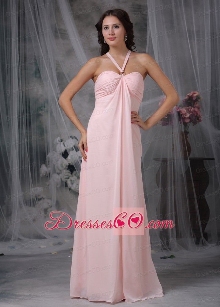 Pink Empire Halter Long Chiffon Ruched Prom Dress