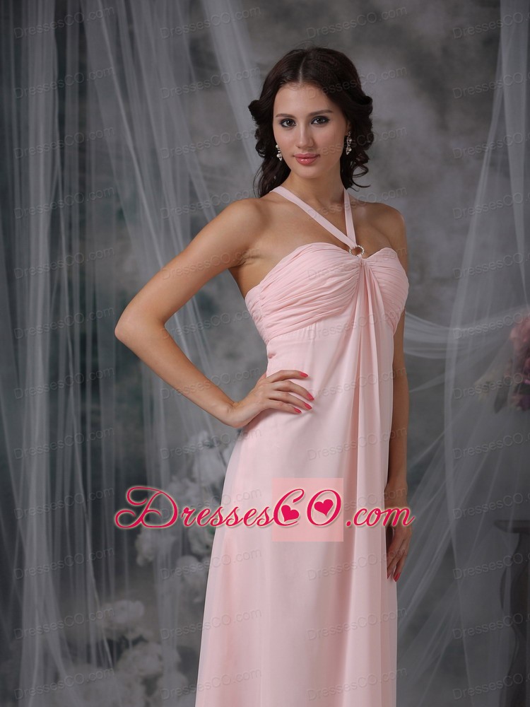 Pink Empire Halter Long Chiffon Ruched Prom Dress