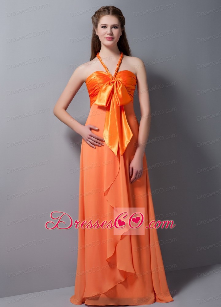 Customize Orange Red Empire Halter Ruched Dama Dress For Quinceaner Long Taffeta And Chiffon