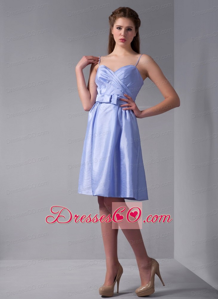 Lilac Column Straps Knee-length Taffeta Ruched Dama Dress For Quinceaner