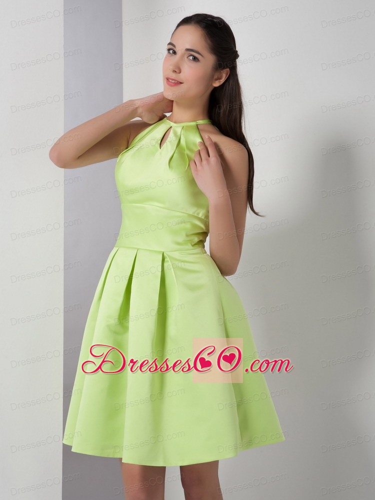 Yellow Green A-line High-neck Dama Dress For Quinceanera Elastic Woven Satin Ruched Knee-length