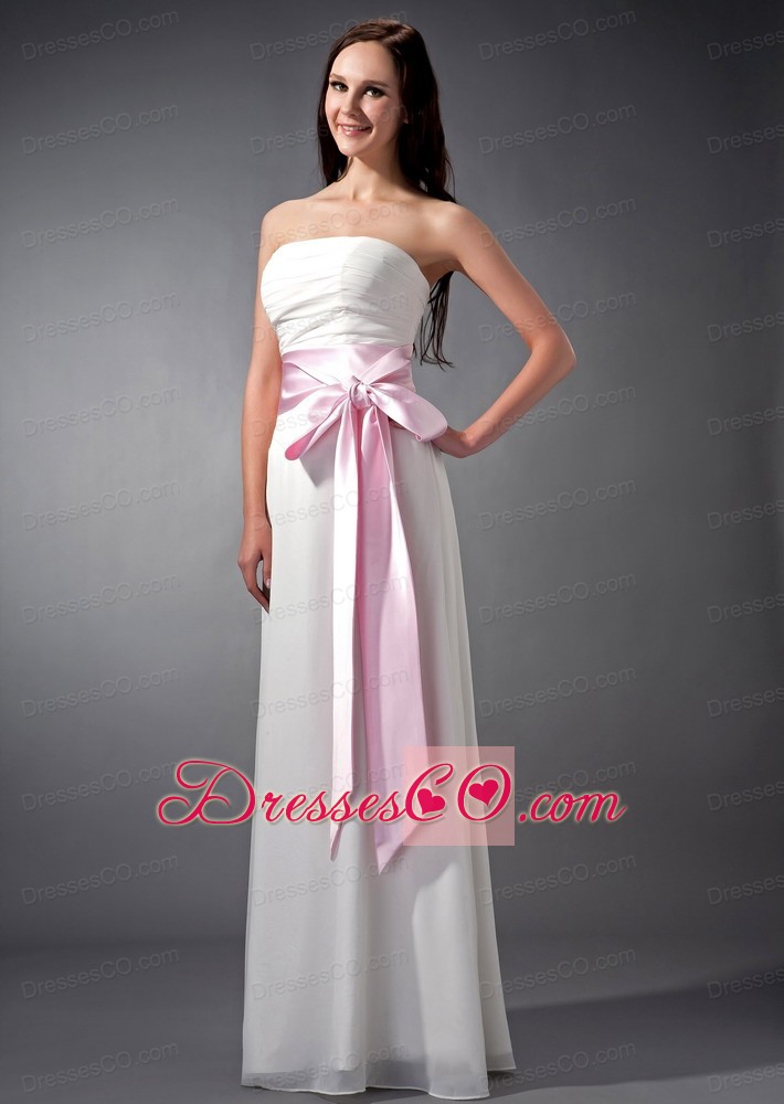 Custom Made White And Baby Pink Sash Empire Strapless Prom Dress Chiffon Ruching Long