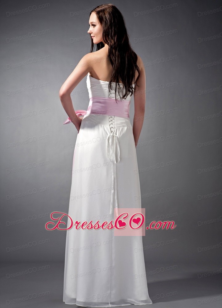 Custom Made White And Baby Pink Sash Empire Strapless Prom Dress Chiffon Ruching Long