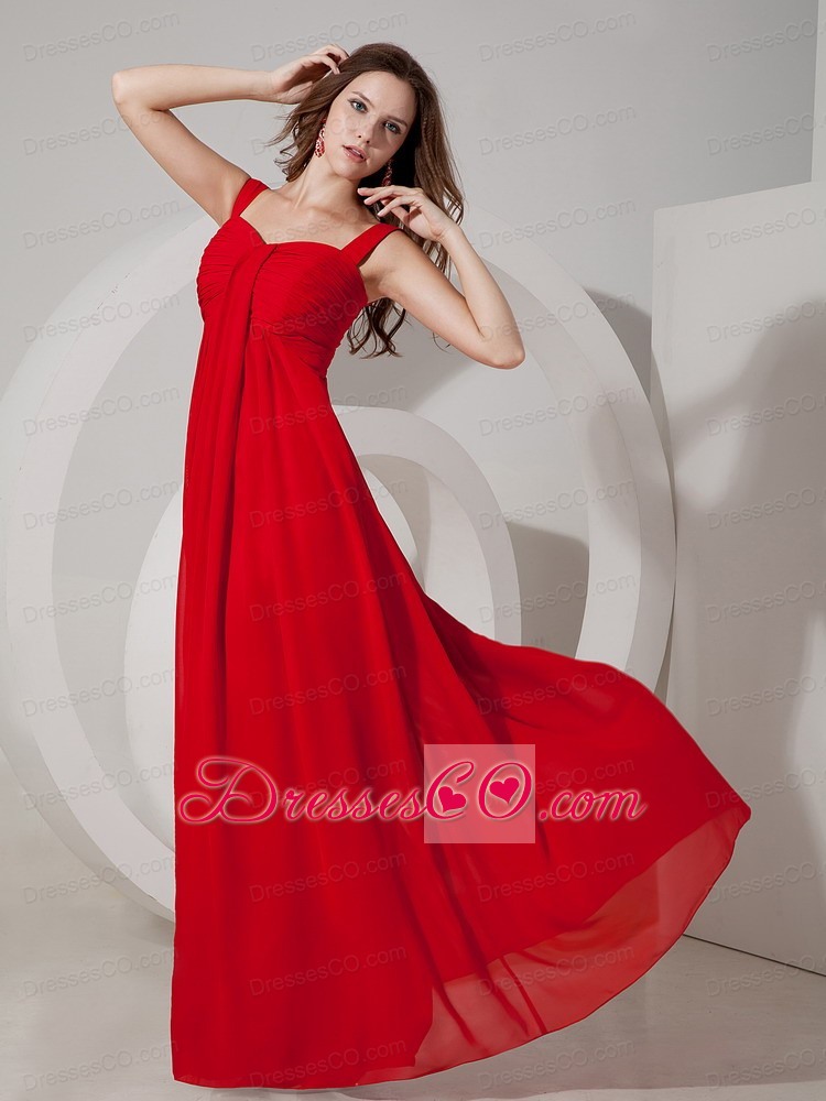 Inexpensive Red Empire Straps Prom Dress Chiffon Ruching Long
