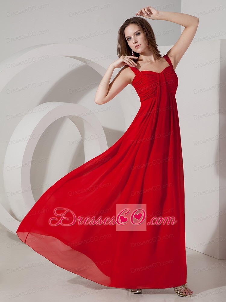 Inexpensive Red Empire Straps Prom Dress Chiffon Ruching Long
