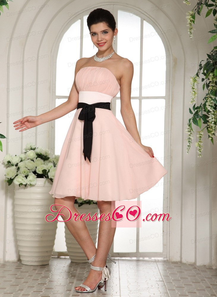 Baby Pink Prom Dress With Black Sash Knee-length