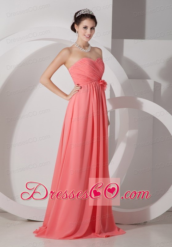 Watermelon Prom Dress Chiffon Ruches and Hand-made