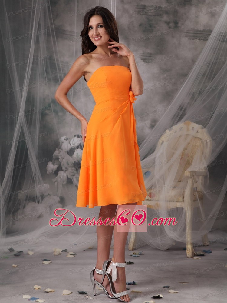 Sweet Orange Strapless Short Prom Dress Chiffon Hand Made Flowers Knee-length