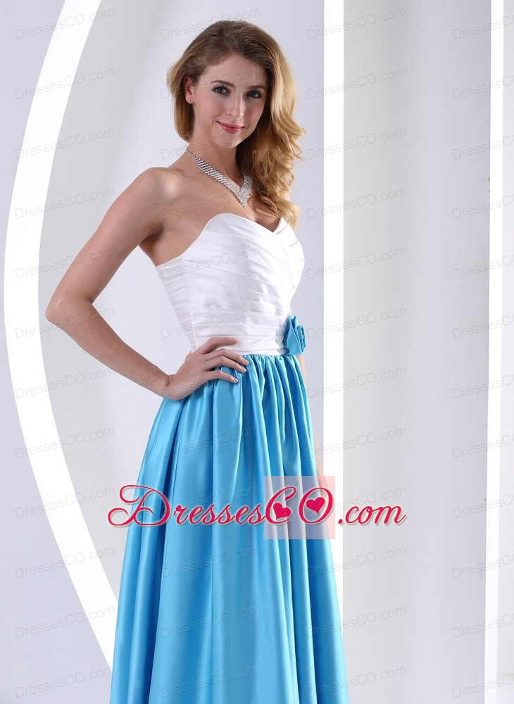 White and Aqua Blue Hand Made Flower and Ruched Prom / Celebrity Dress Taffeta