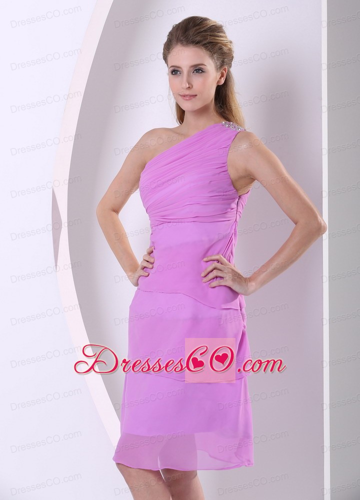 Beaded One Shoulder Chiffon Lavender Knee-length Simple Homecoming / Prom Dress
