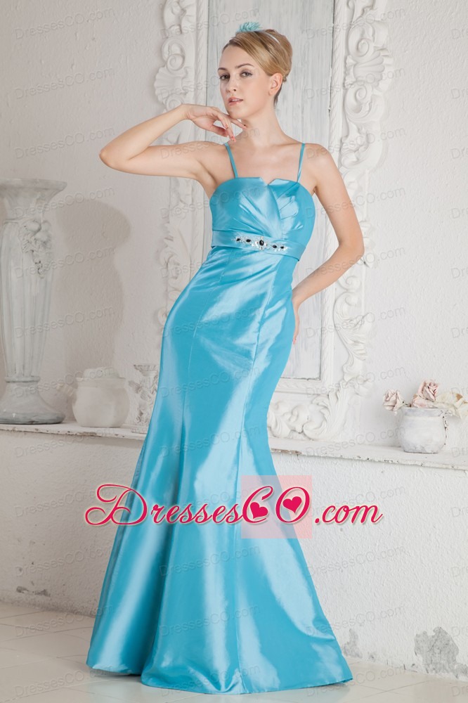 Aqua Blue Junior Prom Dress Mermaid Straps Beading Satin