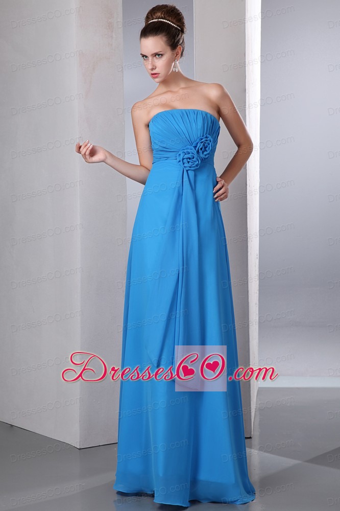 Teal Empire Strapless Hand Made Flower And Ruched Prom Dress Long Chiffon