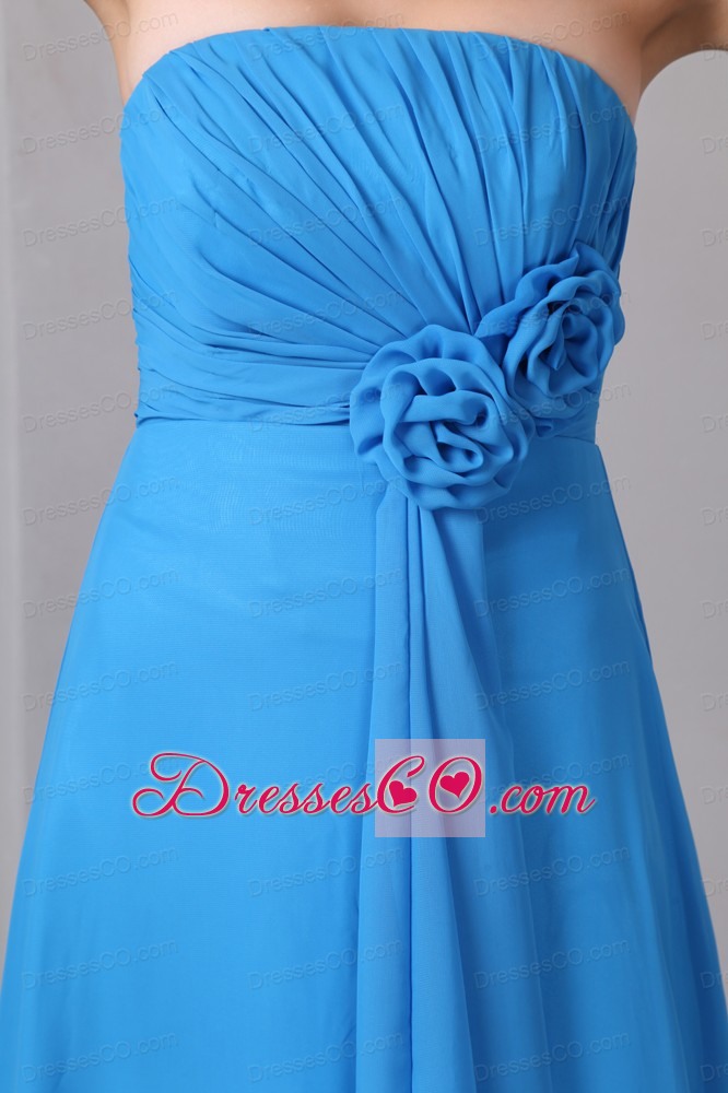 Teal Empire Strapless Hand Made Flower And Ruched Prom Dress Long Chiffon