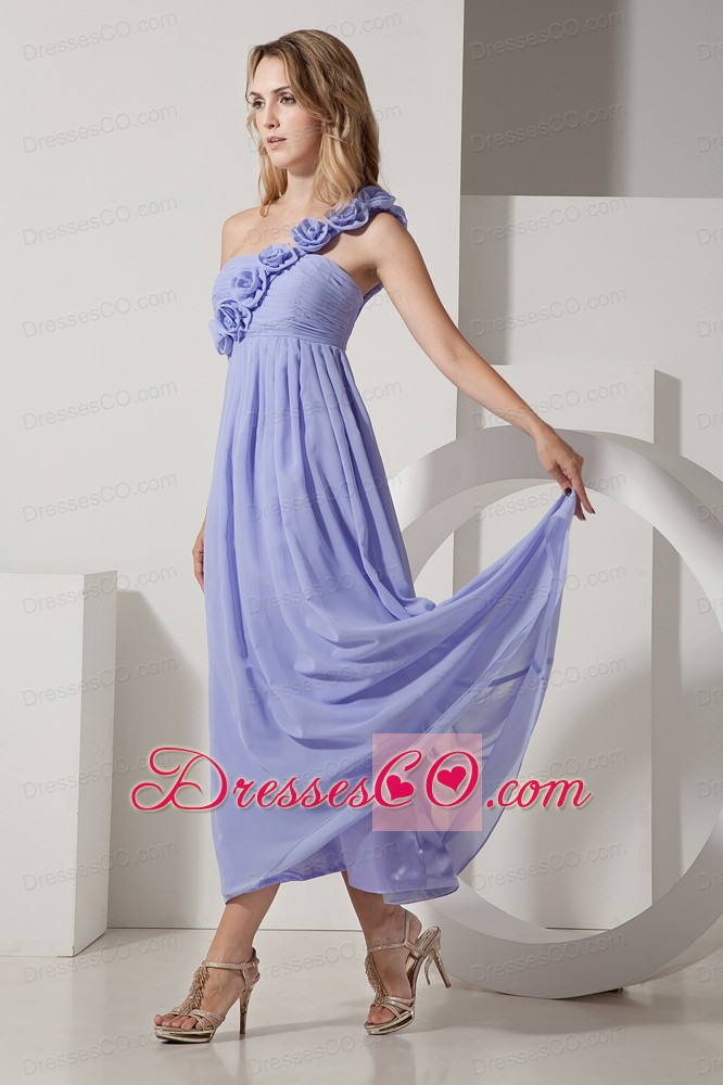 Lilac A-line One Shoulder Hand Made Flowers Prom Dress Ankle-length Chiffon