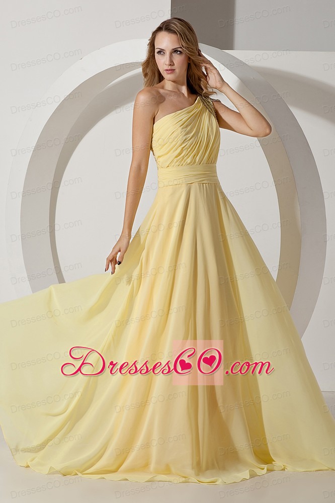 Light Yellow Empire One Shoulder Brush Train Chiffon Beading Prom Dress