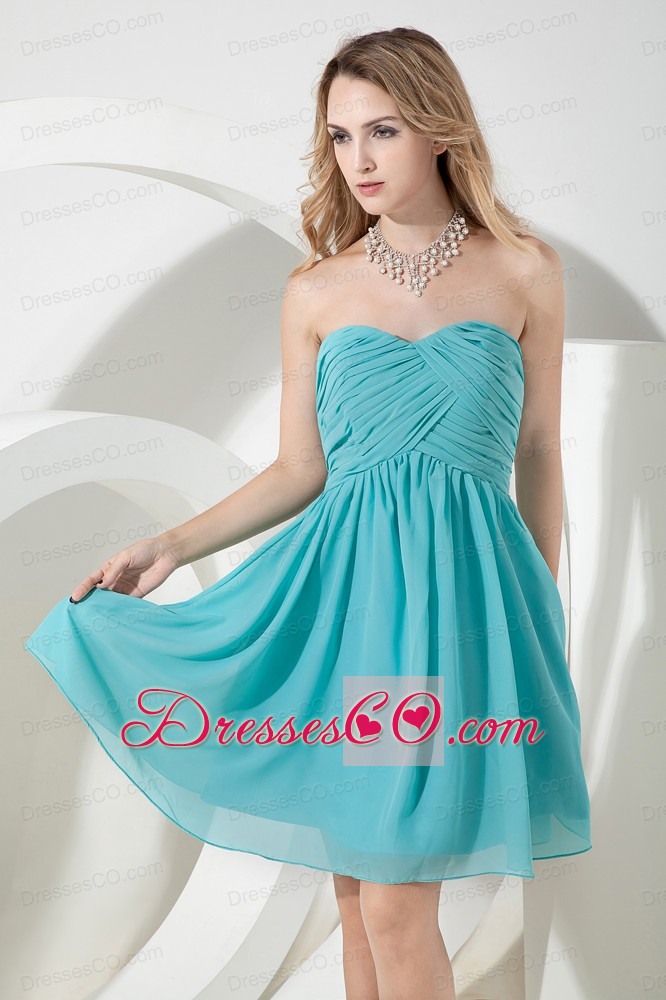 Turquoise A-line / Princess Ruched Dama Dress For Quinceanera Chiffon