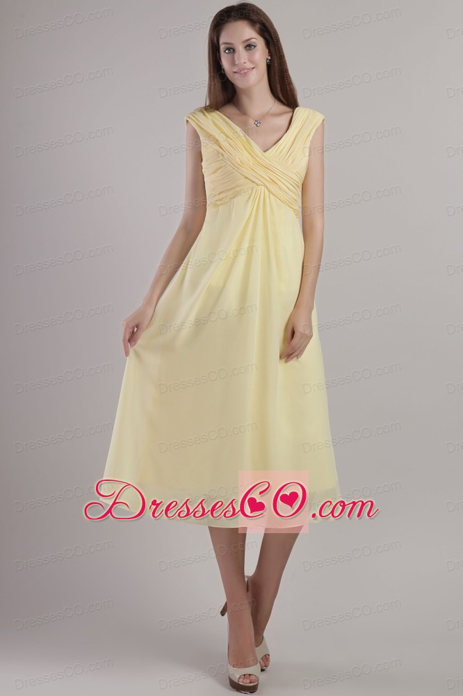 Light Yellow Empire V-neck Ankle-length Chiffon Prom Dress