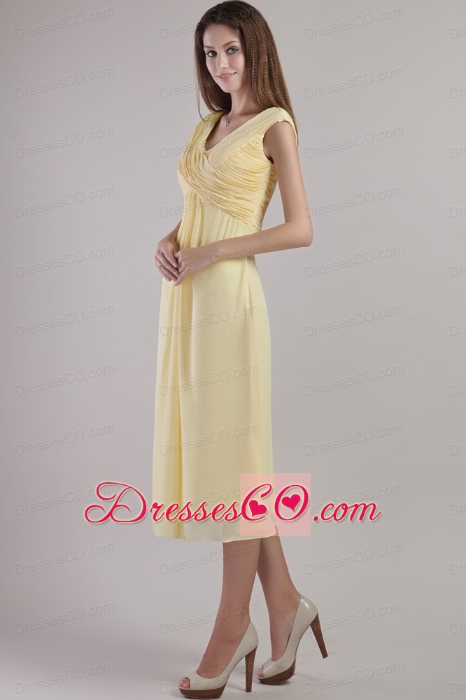 Light Yellow Empire V-neck Ankle-length Chiffon Prom Dress