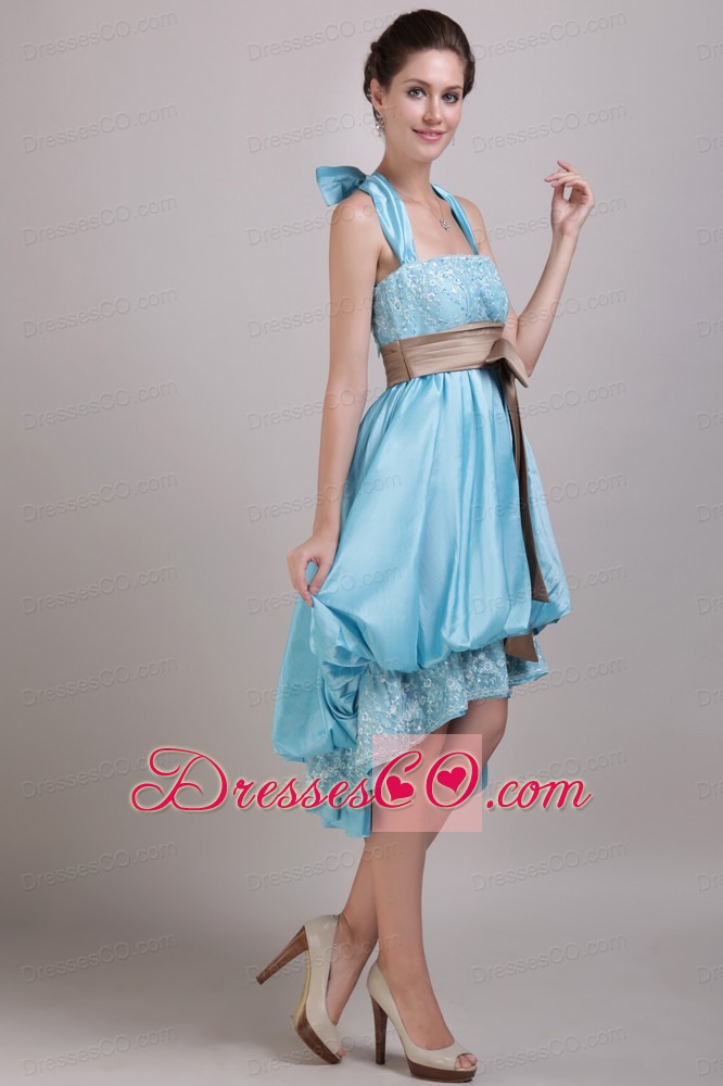 Aqua Blue A-Line / Princess Halter High-low Taffeta Appliques and Bowknot Prom / Homecoming Dress