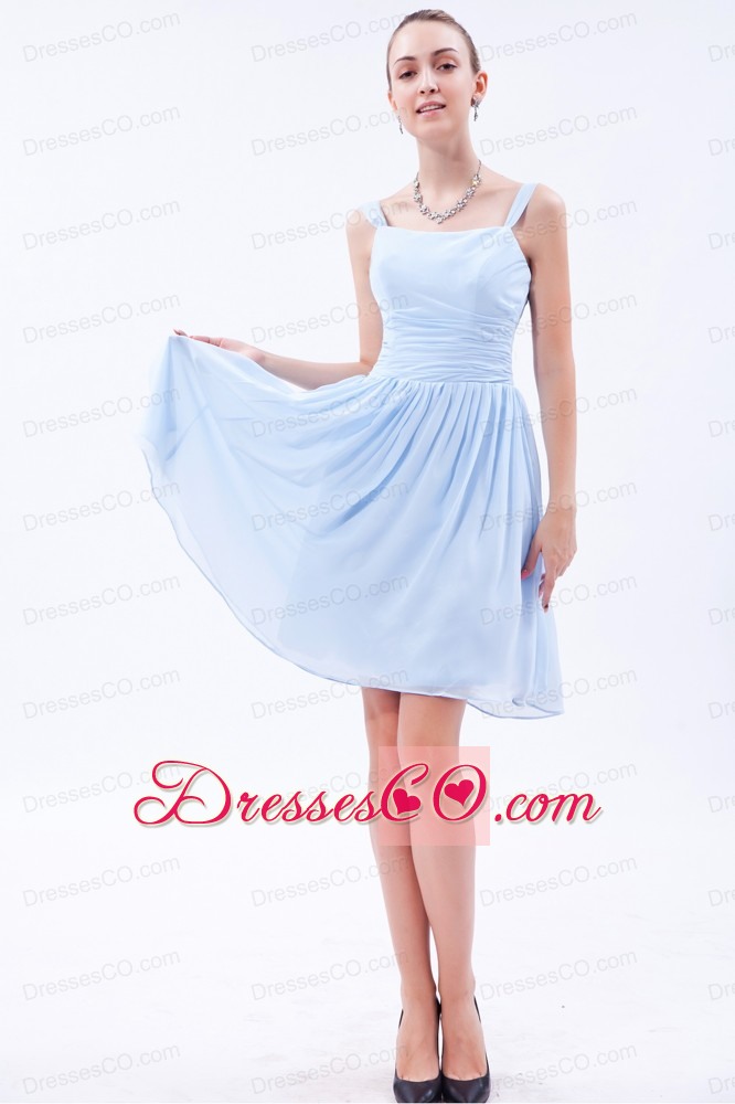 Baby Blue Empire Straps Knee-length Chiffon Ruched Prom Dress