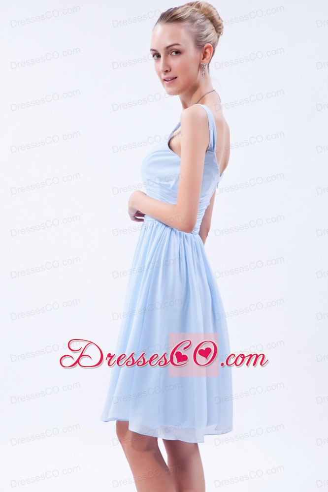 Baby Blue Empire Straps Knee-length Chiffon Ruched Prom Dress