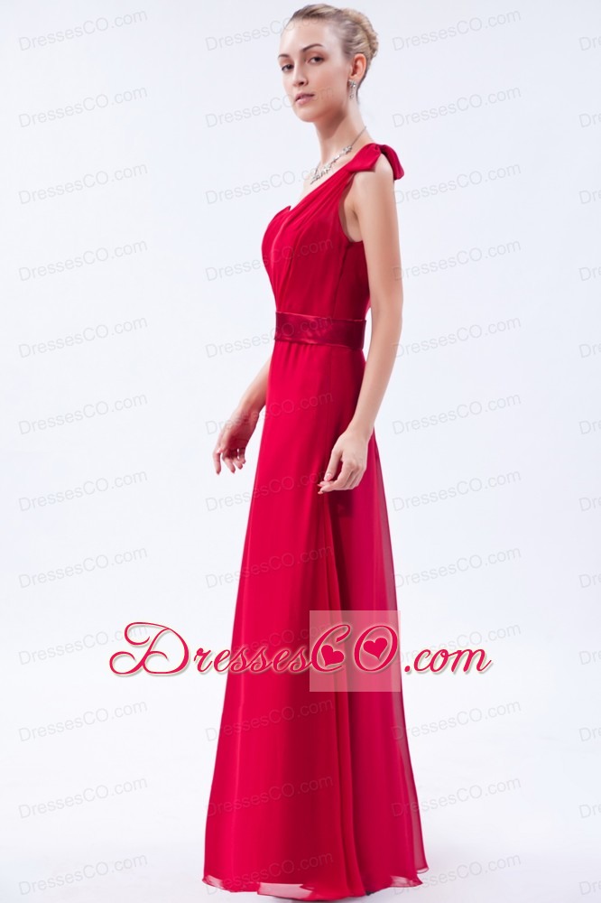 Red Column One Shoulder Long Chiffon Ruched Prom Dress