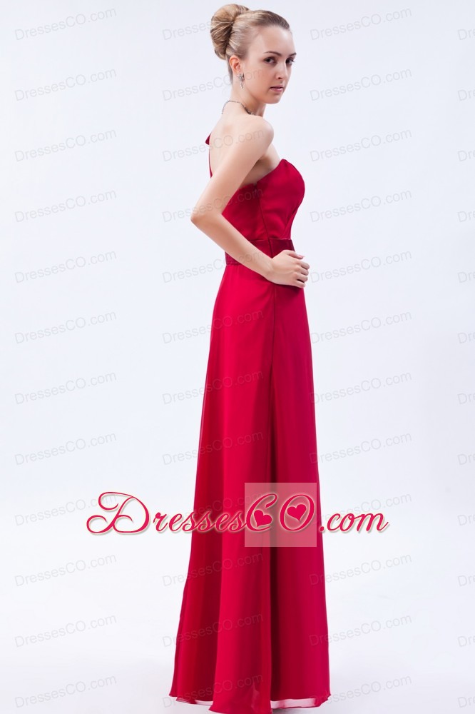 Red Column One Shoulder Long Chiffon Ruched Prom Dress