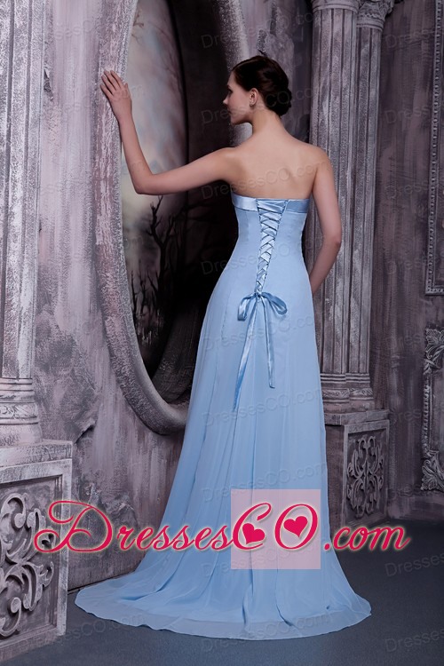 Pretty Light Blue A-line Strapless Prom / Homecoming Dress Satin and Chiffon Brush Train