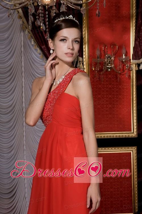 Simple Red Empire Prom / Homecoming Dress One Shoulder Chiffon Beading Tea-length