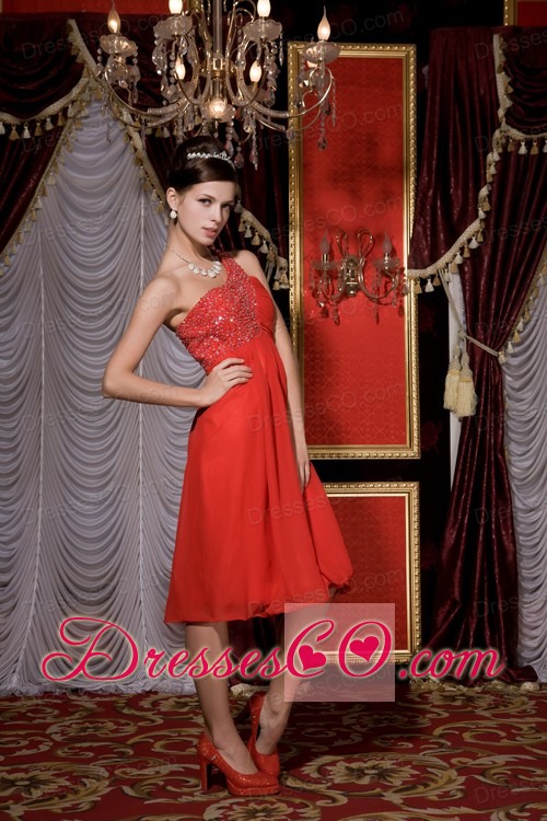 Simple Red Empire Prom / Homecoming Dress One Shoulder Chiffon Beading Tea-length