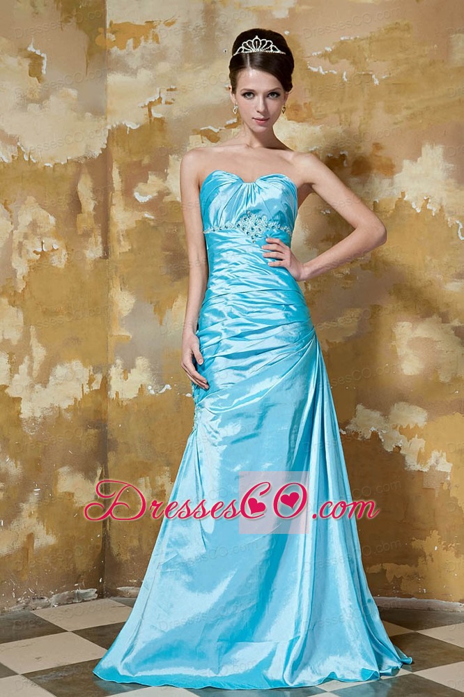 Aqua Blue Column Long Taffeta Beading Prom Dress