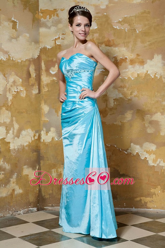 Aqua Blue Column Long Taffeta Beading Prom Dress