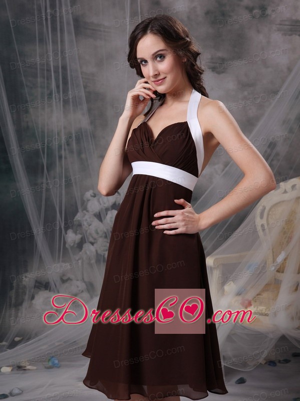 Brown Column Halter Cheap Prom Dress Chiffon Ruched Knee-length