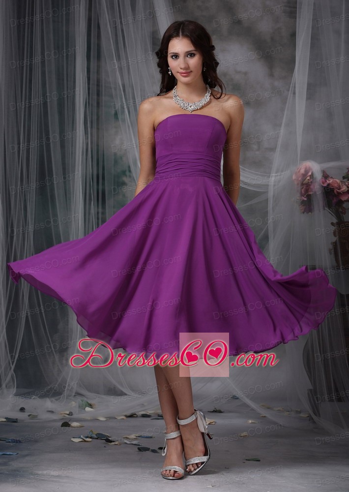 Purple Empire Strapless Tea-length Chiffon Ruched Prom Dress