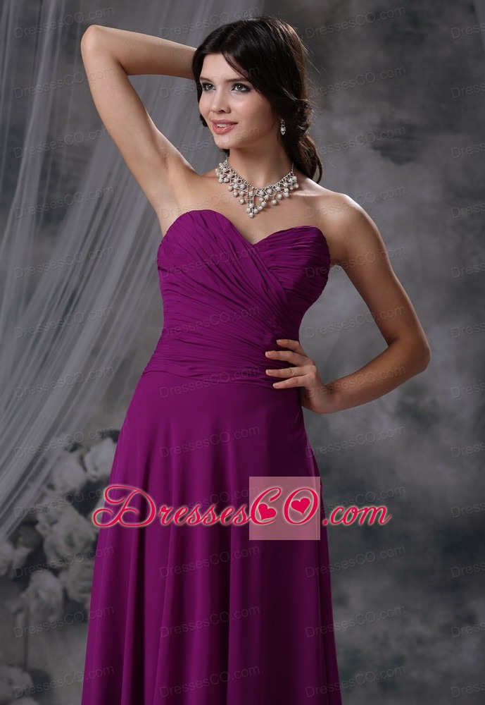 Ruched Decorate Bodice Purple Chiffon Brush Train Neckline Prom / Evening Dress