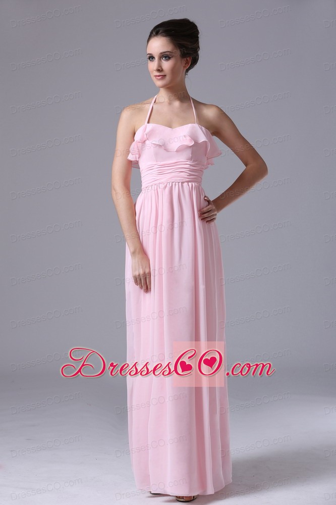 Halter Pink Chiffon Column Prom Dress With Ruched