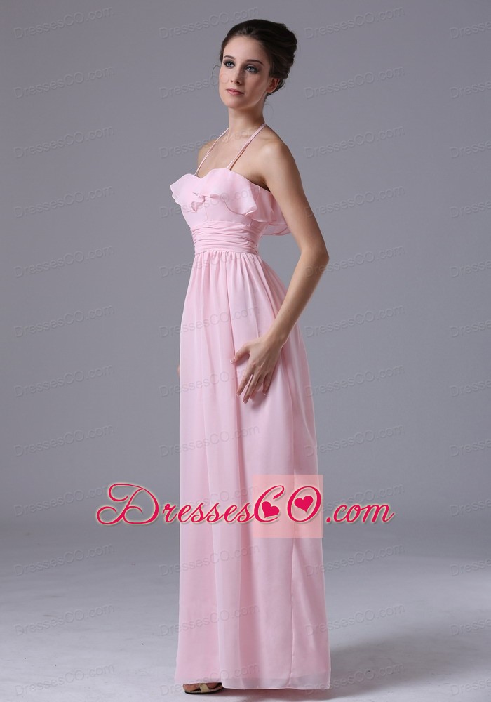 Halter Pink Chiffon Column Prom Dress With Ruched