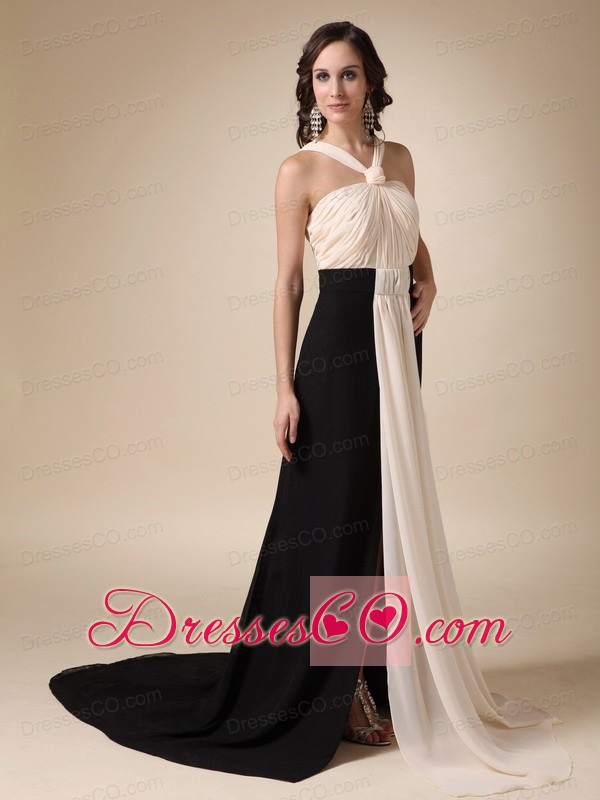 Champagne and Black Empire V-neck Brush Train Chiffon Ruch Prom / Evening Dress