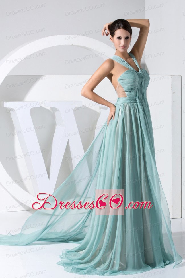 Ruching Decorate Bodice Straps Watteau Train Chiffon Light Blue Prom Dress