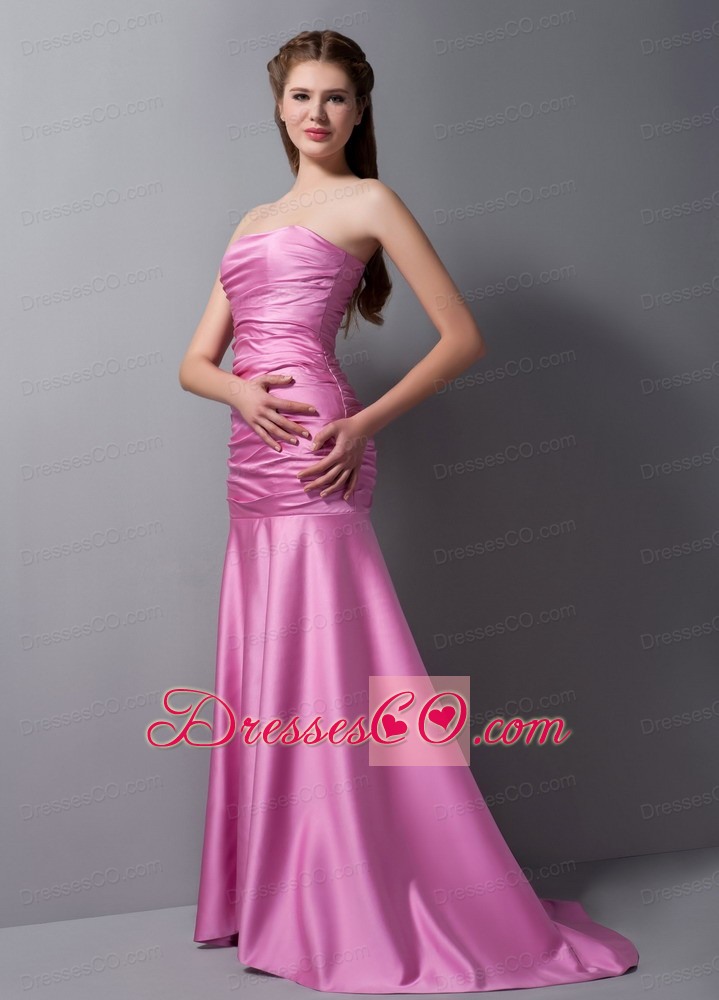 Rose Pink Mermaid Strapless Brush Train Taffeta Ruching Prom Dress