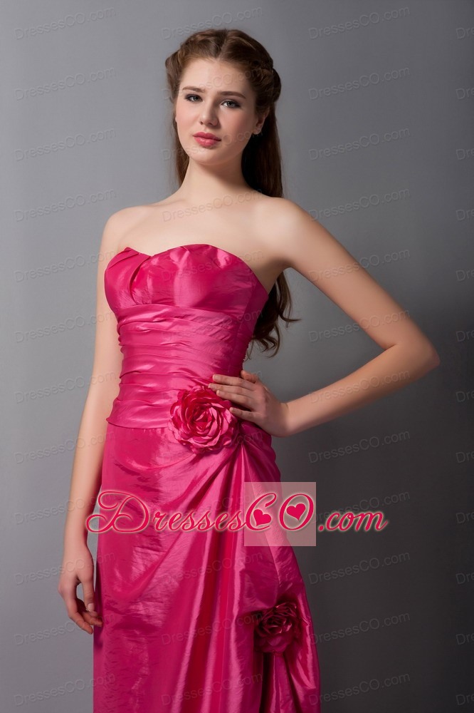 Customize Coral Red Column Hand Made Flowers Bridesmaid Dress Ankle-length Taffeta