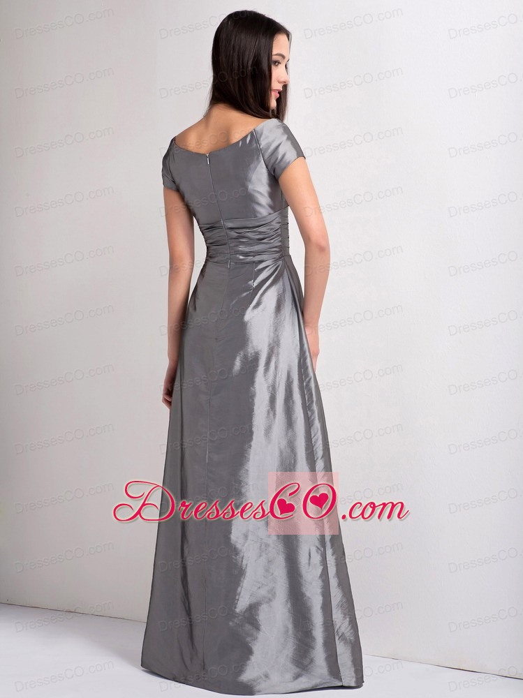 Modest Grey A-line Mother Of The Brides Dress V-neck Ruching Floor-legnth Taffeta